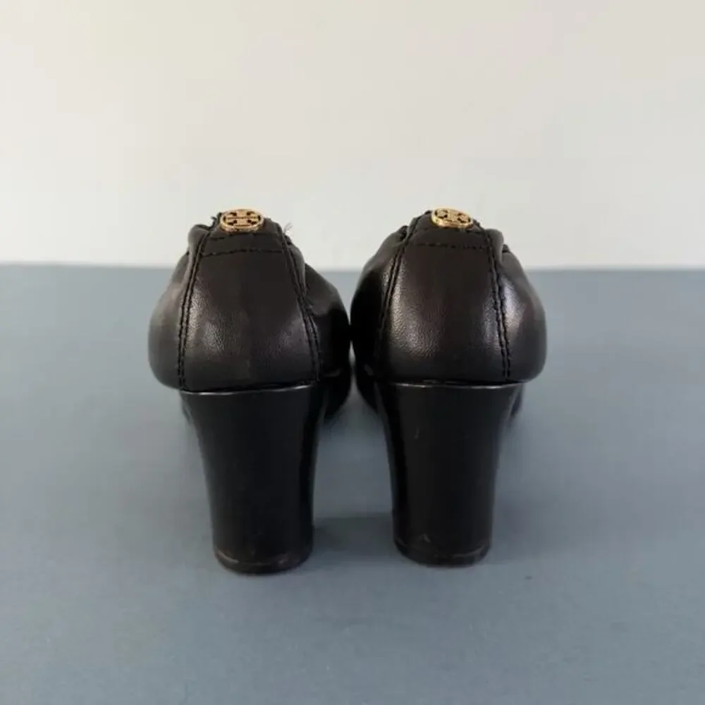 Tory Burch Abbey 2‎ Mid Heel Black Leather Cap Toe Block Heel Pumps